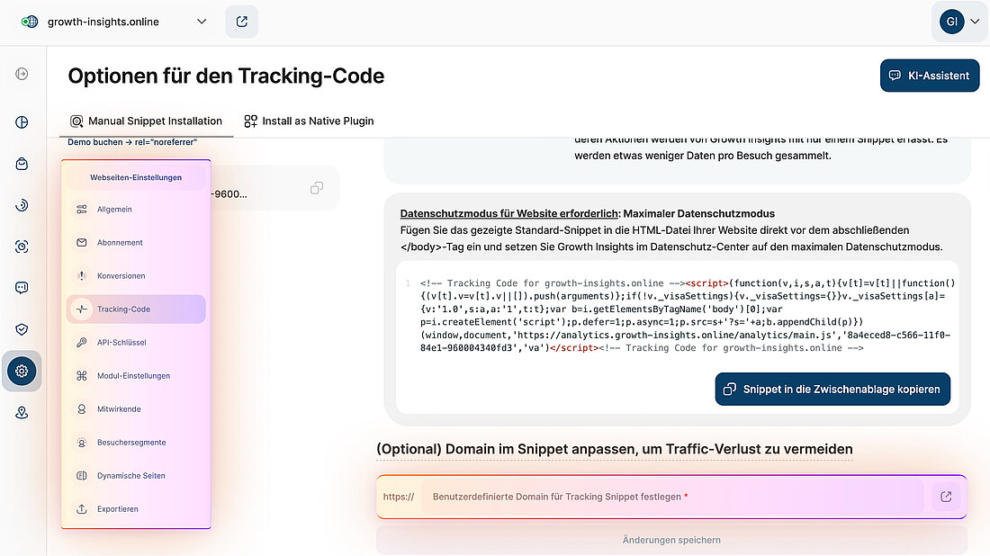 Screenshot der Plattformeinstellungen mit Navigation zu den Tracking-Code-Optionen und dem hervorgehobenen Feld für die benutzerdefinierte Domain des Tracking-Snippets