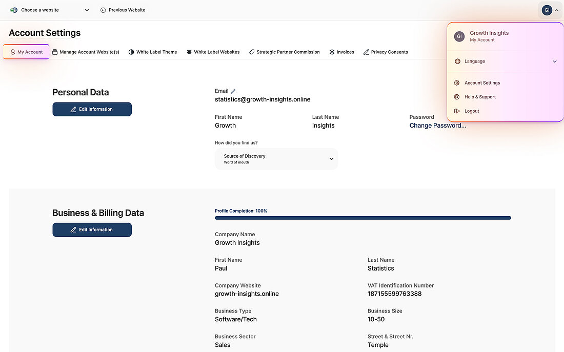 Platform settings screenshot showing navigation to Account Settings and the My Account section where personal and billing details are reviewed