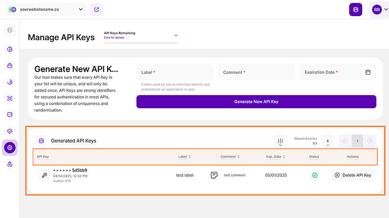 Table of Generated API Keys
