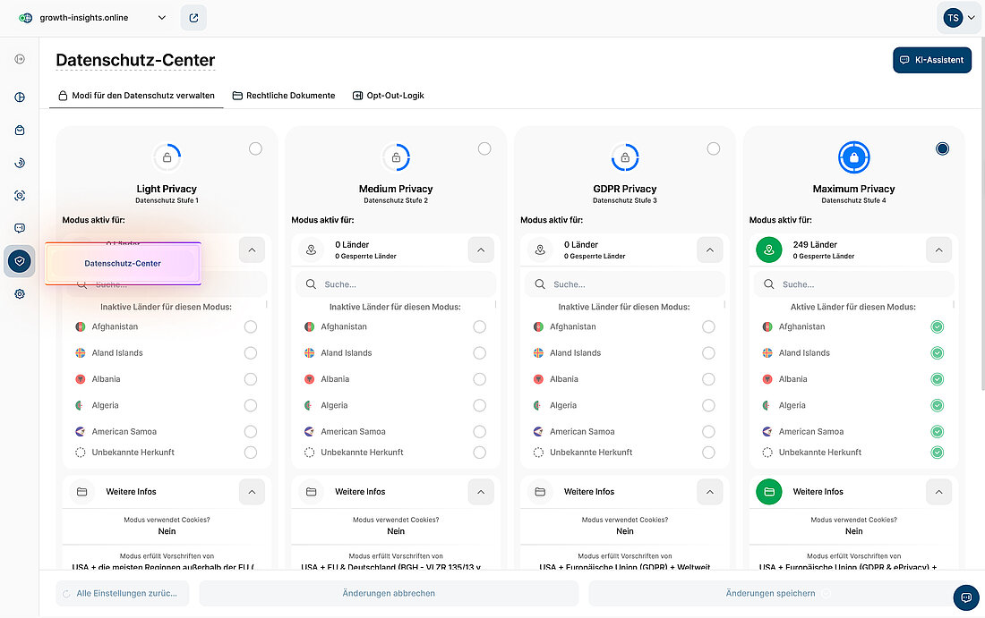 Screenshot der Plattformeinstellungen mit der Navigation des Datenschutz-Centers und den verfügbaren Datenschutz-Modi mit länderspezifischen Aktivierungskontrollen