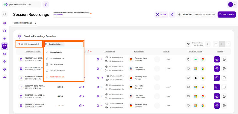 Select a Bulk Action for Session Recordings