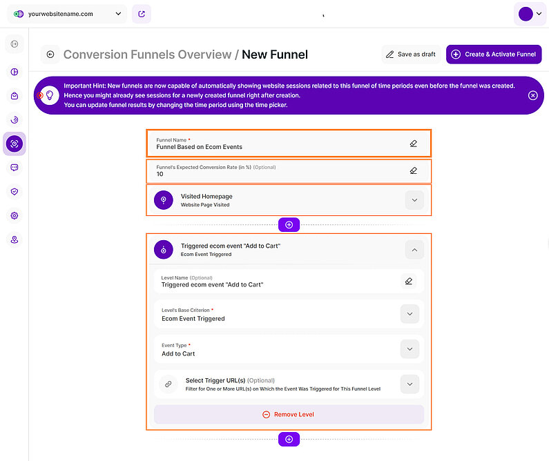 Conversion Funnel Level Based on Ecom Event Triggered
